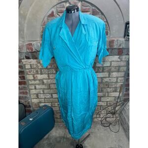 shirt Dress blue shoulder pads 100% silk